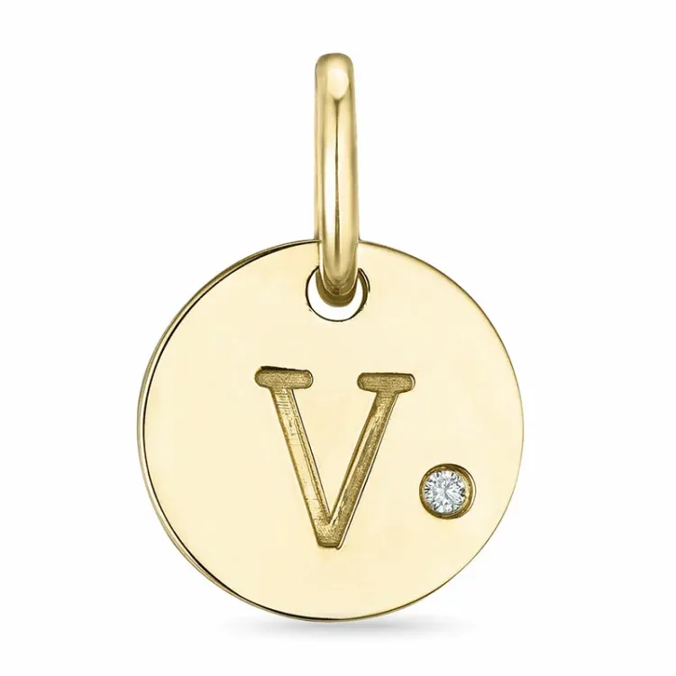 bokstav v diamant anheng i 9 karat gull 0,01 ct
