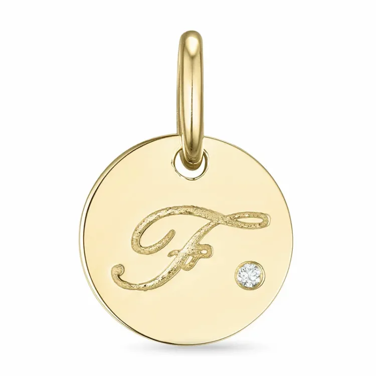 bokstav f diamant anheng i 9 karat gull 0,01 ct