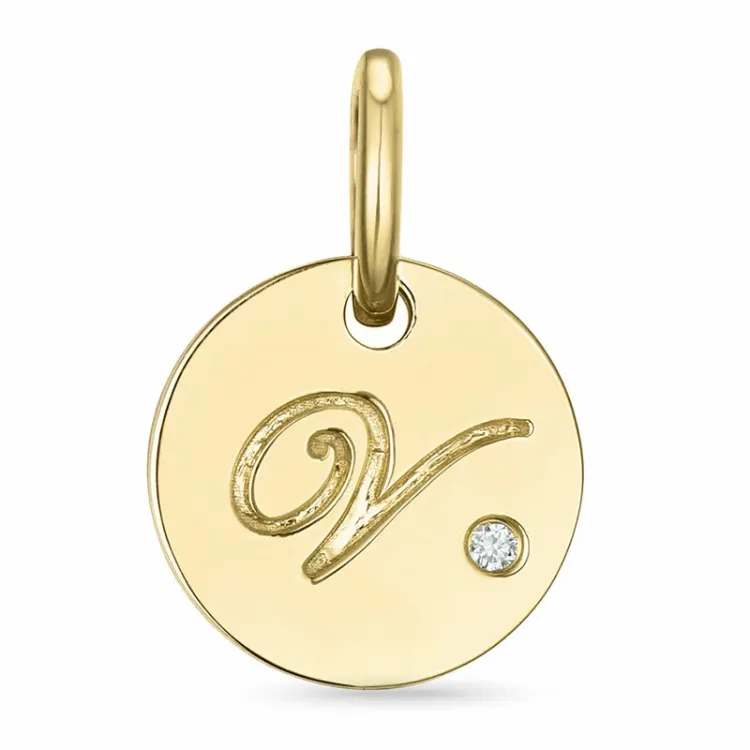 bokstav v diamant anheng i 9 karat gull 0,01 ct
