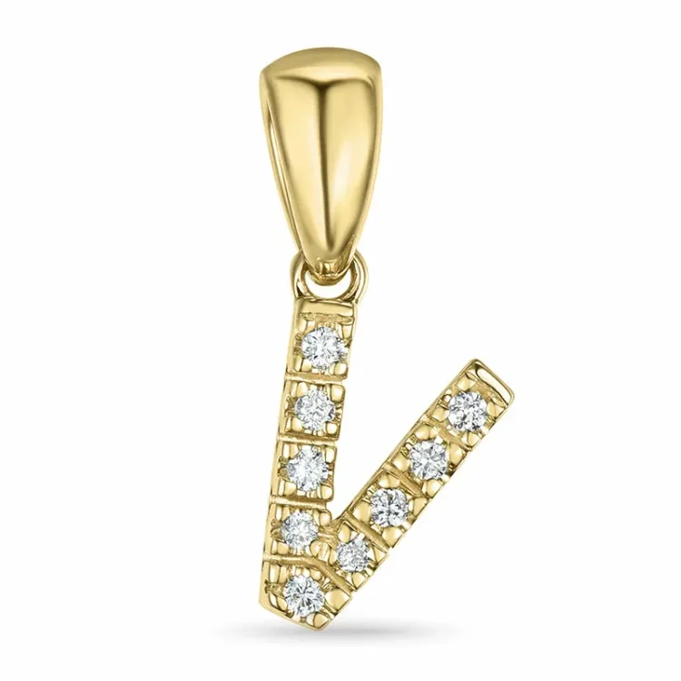 bokstav v diamant anheng i 9 karat gull 0,065 ct
