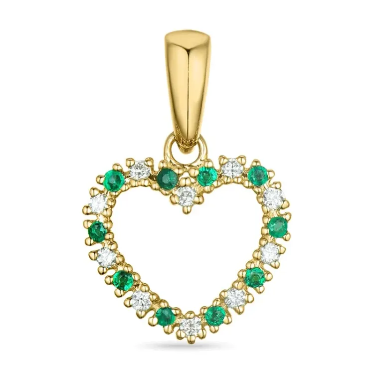 hjerte smaragd anheng i 9 karat gull 0,08 ct 0,06 ct