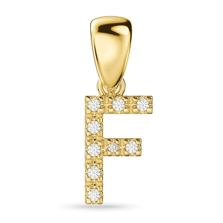 bokstav f diamant anheng i 9 karat gull 0,06 ct