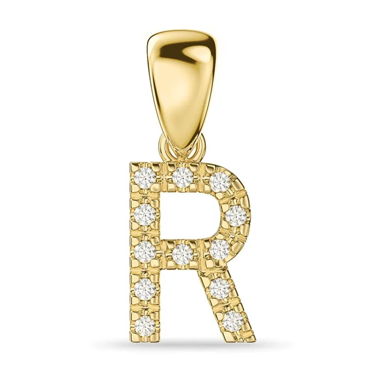 bokstav r diamant anheng i 14 karat gull 0,08 ct