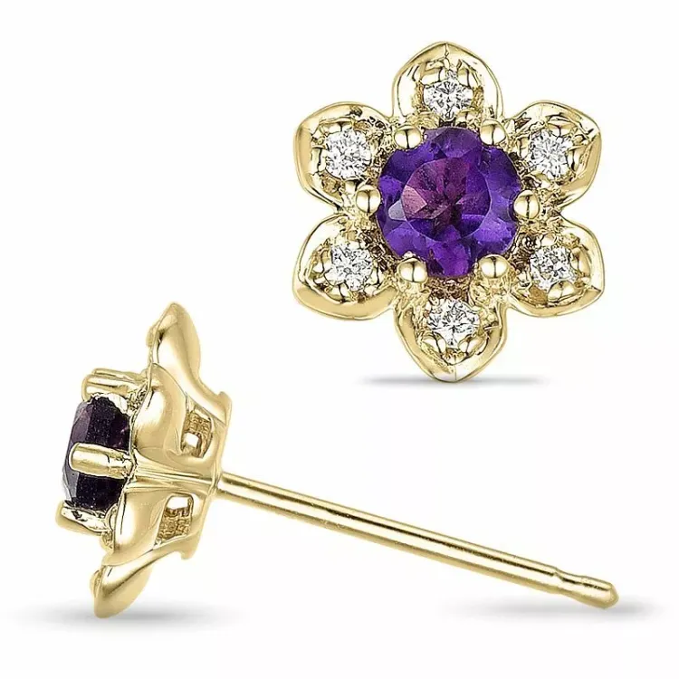 Blomst ametyst diamantøredobb i 9 karat gull med diamanter og ametyster