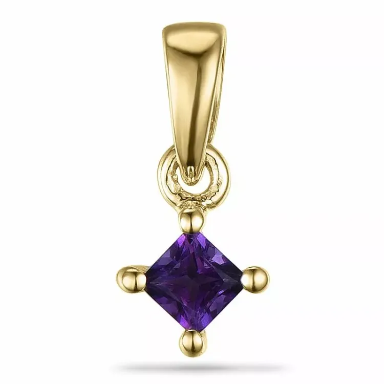 Firkantet ametyst anheng i 9 karat gull 0,10 ct