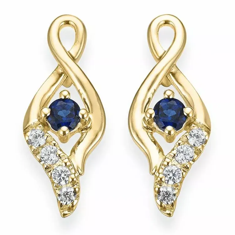 safir diamantøredobb i 9 karat gull med diamant og safir 