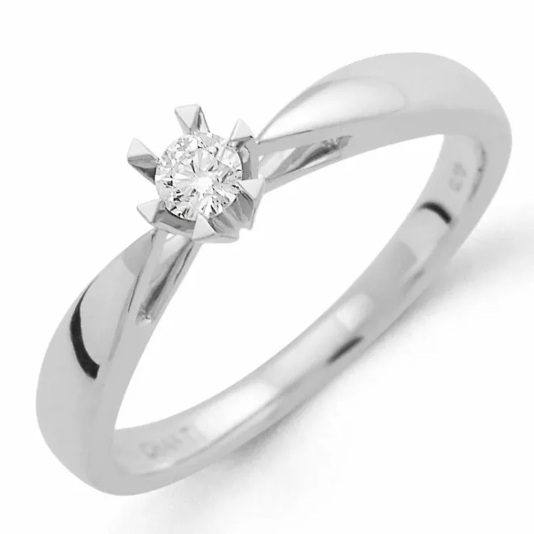 diamant solitairering i 14 karat hvitt gull 0,10 ct