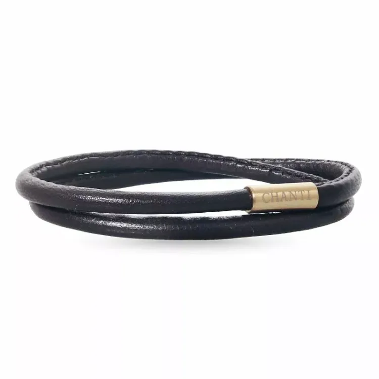 Rund brun armbånd i lær med forgylt stållås x 4 mm