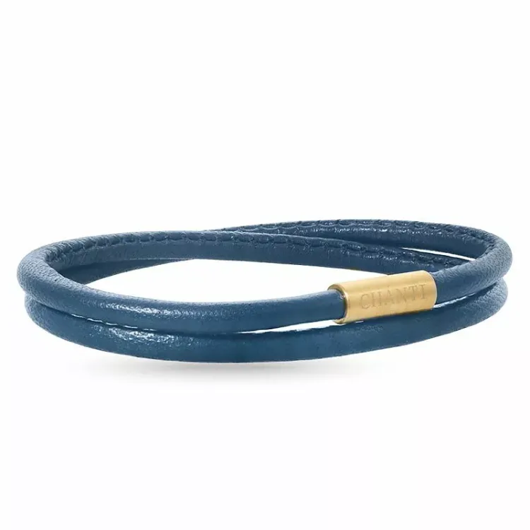 Rund blå armbånd i lær med forgylt stållås x 4 mm