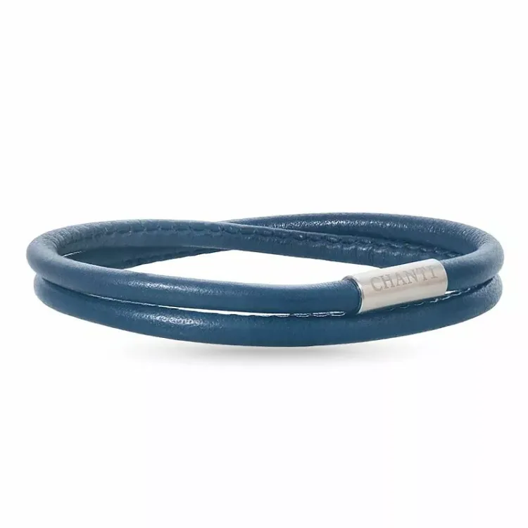 Rund blå armbånd i lær med stållås x 4 mm