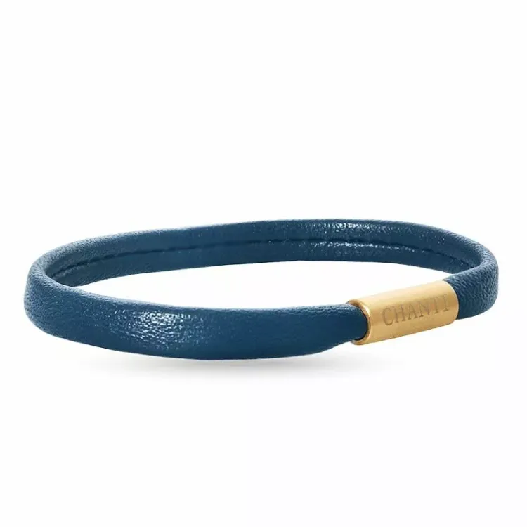 Flat blå armbånd i lær med forgylt stållås x 6 mm