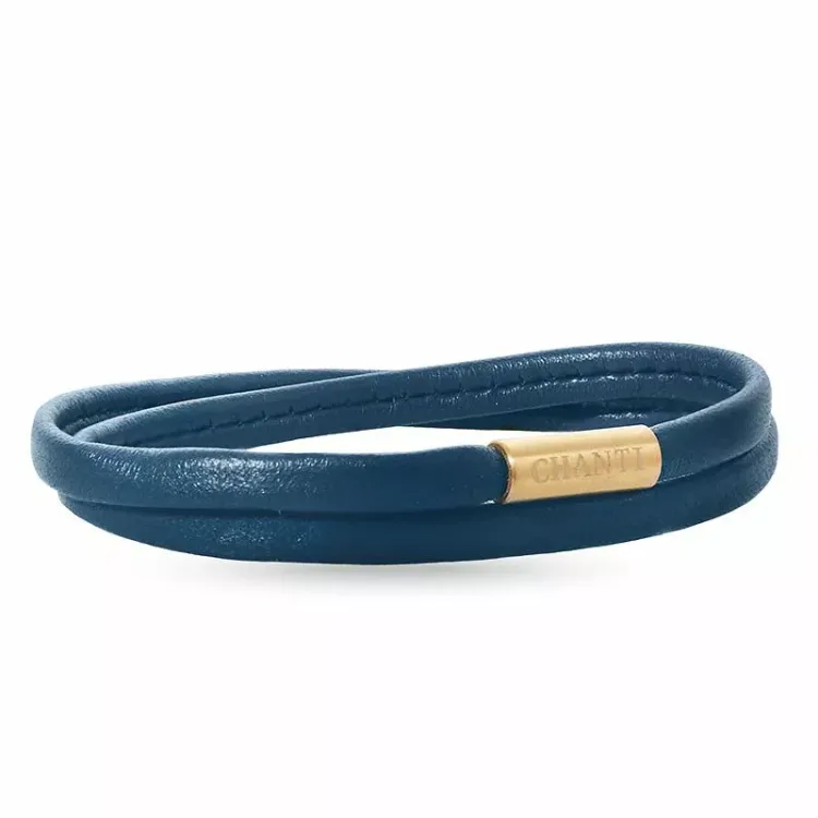 Flat blå armbånd i lær med forgylt stållås x 6 mm