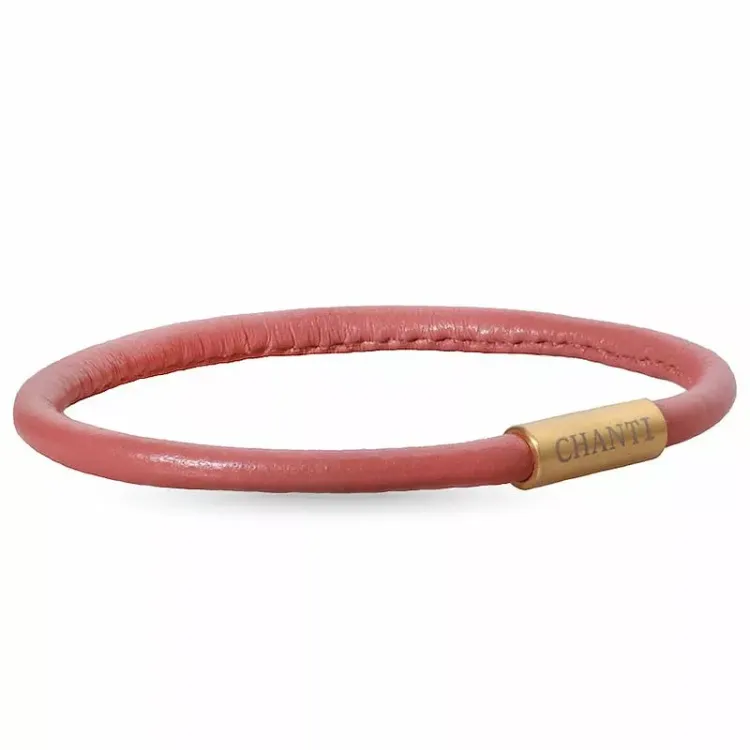 Rund rosa magnetarmbånd i lær med forgylt stållås x 4 mm