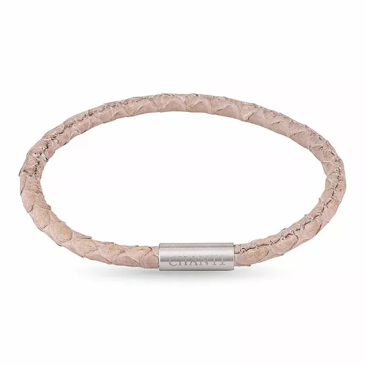 Rund beige slangearmbånd i lær med stållås x 4 mm
