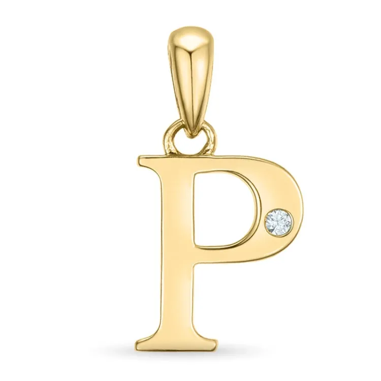 bokstav p diamant anheng i 9 karat gull 0,01 ct