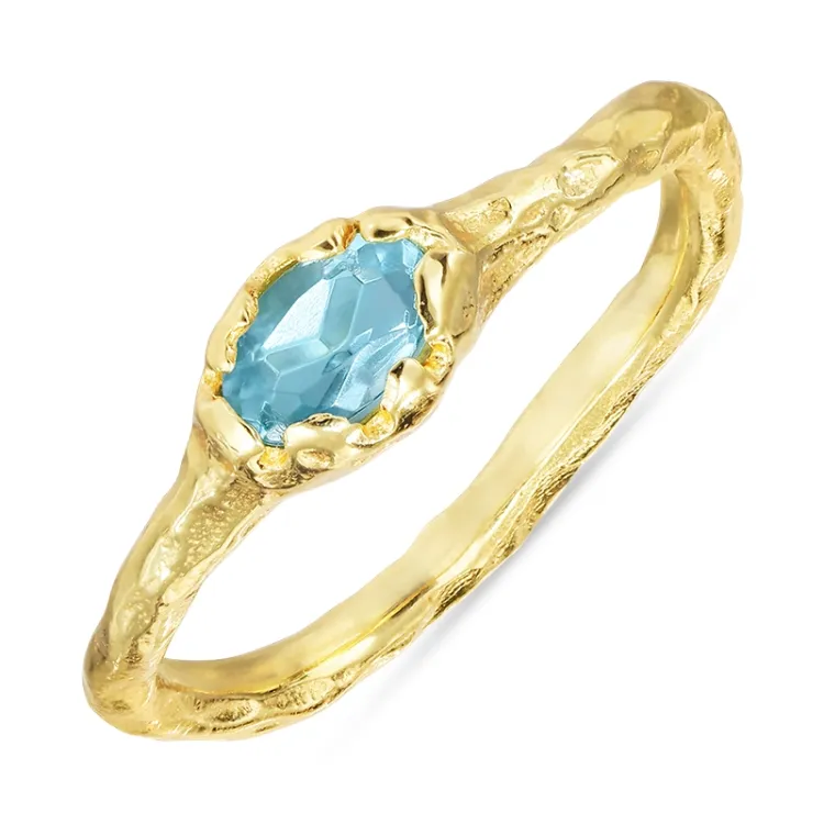 blå krystall ring i forgylt sølv - Lumé Etched
