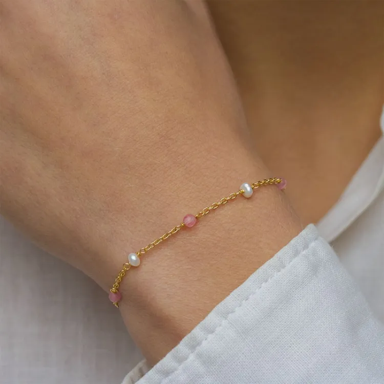 rosa kvarts armbånd i forgylt sølv  x 4 mm  - Loom Stones