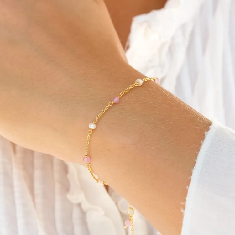 rosa kvarts armbånd i forgylt sølv  x 4 mm  - Loom Stones