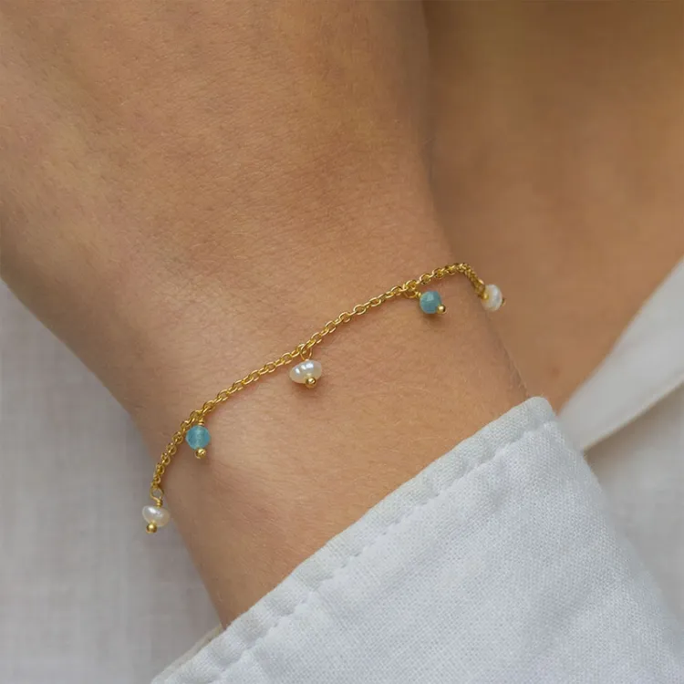 blå kalsedon armbånd i forgylt sølv  x   - Loom Stones