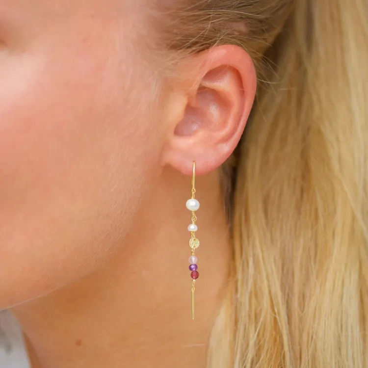 lange rosa kjedeøreringer i forgylt sølv - Loom Stones