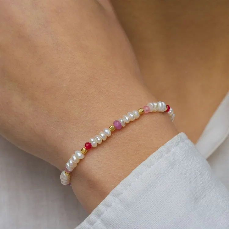 rosa stein armbånd i forgylt sølv  x   - Loom Stones