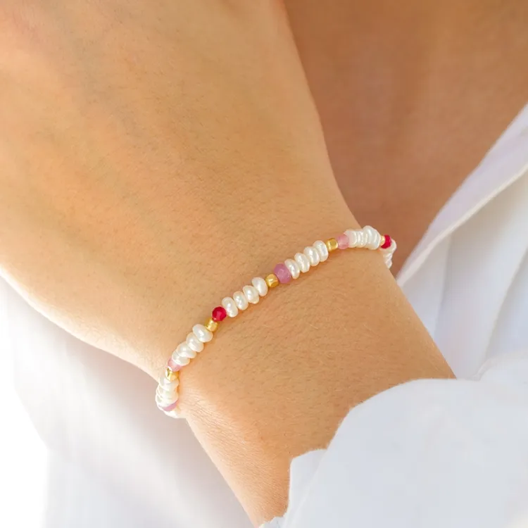 rosa stein armbånd i forgylt sølv  x   - Loom Stones