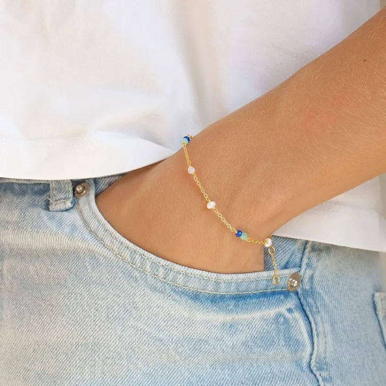blå stein armbånd i forgylt sølv  x 4,5 mm  - Loom Stones