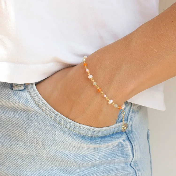 rosa stein armbånd i forgylt sølv 16 + 3 cm x 3,5 mm  - Loom Stones