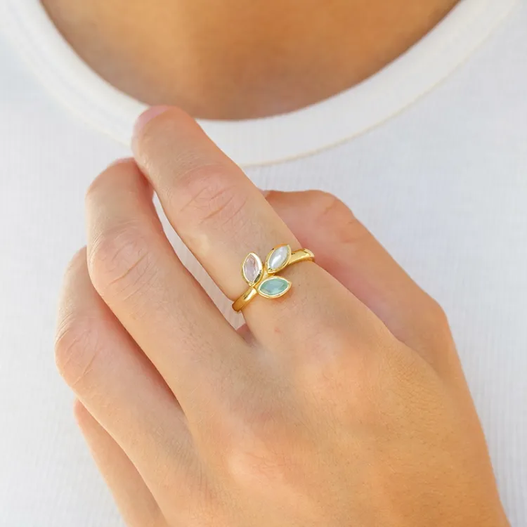 blad krystall ring i forgylt sølv - Loom Stones