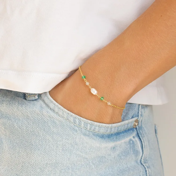 grønn onyks armbånd i forgylt sølv  x 4,4 mm  - Loom Stones