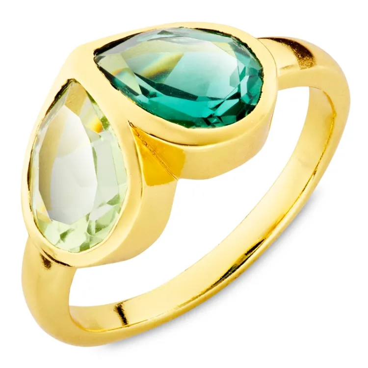 grønn krystall ring i forgylt messing - Loom Stones