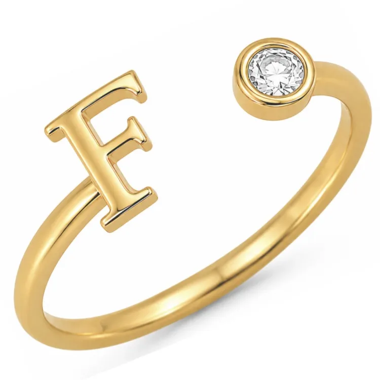 bokstav f zirkon ring i forgylt messing