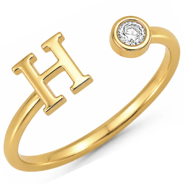 bokstav h zirkon ring i forgylt messing