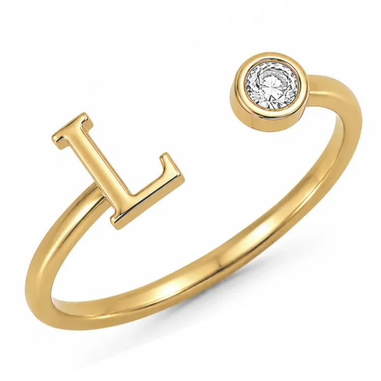 bokstav l zirkon ring i forgylt messing