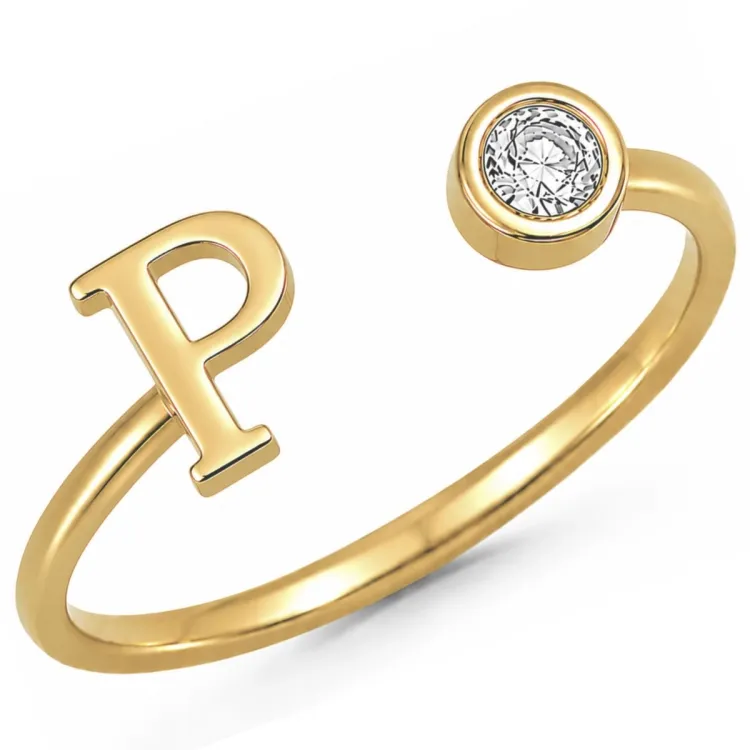 bokstav p zirkon ring i forgylt messing