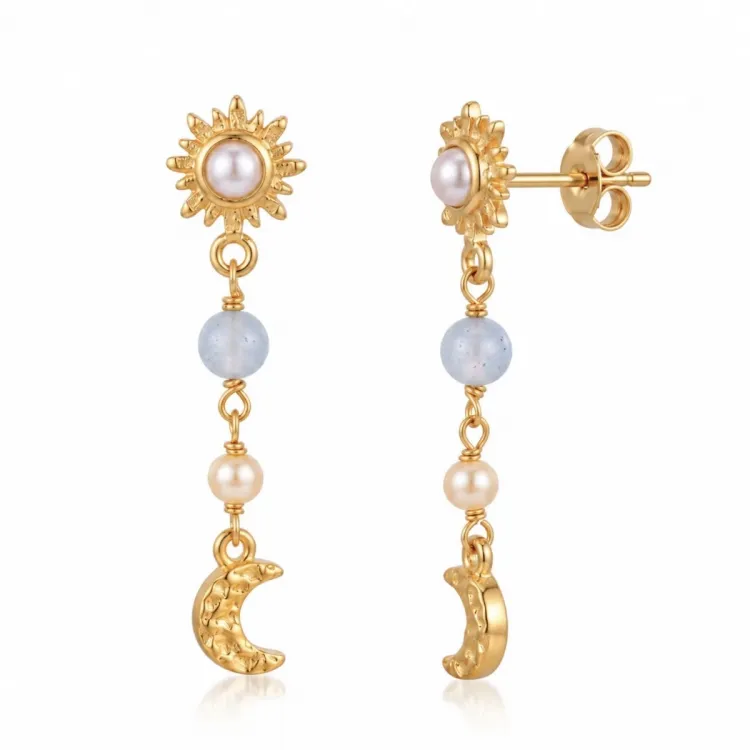 sol aqua krystall kjedeøreringer i forgylt messing - Eliné