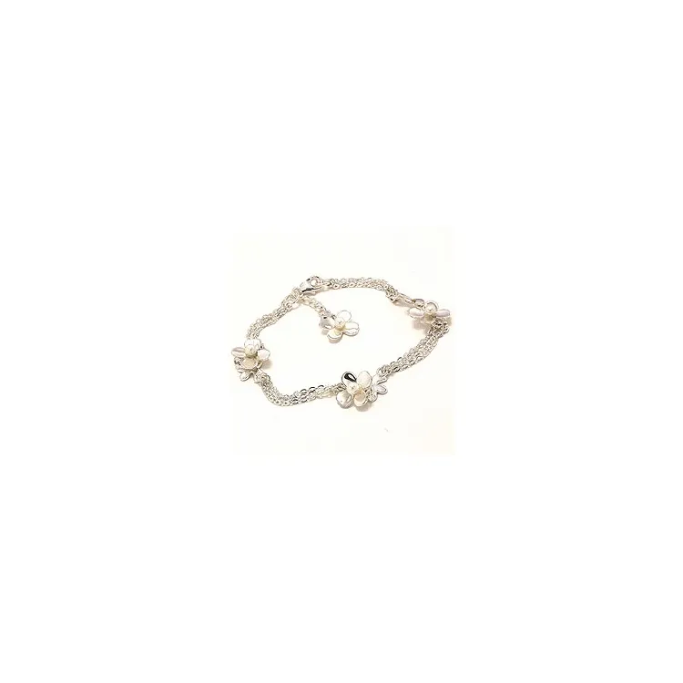 Blomst hvit perle armbånd i sølv med anheng i sølv