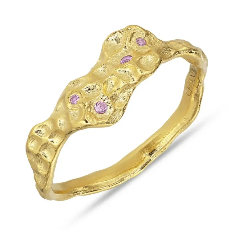 rosa zirkon ring i forgylt sølv - Lumé Etched