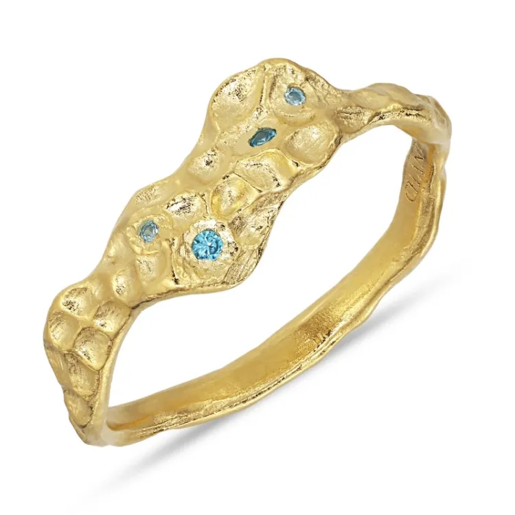blå zirkon ring i forgylt messing - Lumé Etched