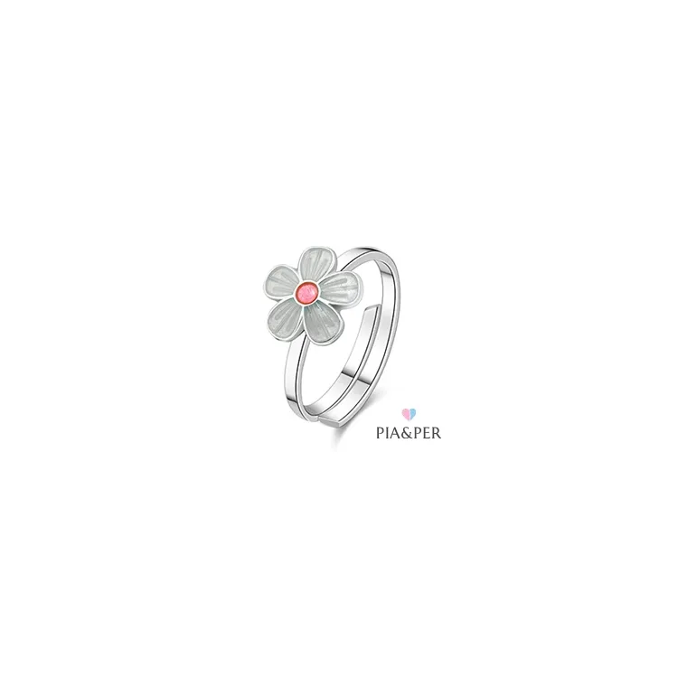 Pia og Per blomst ring i sølv hvit emalje rosa emalje