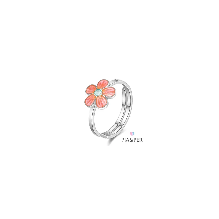 Pia og Per blomst ring i sølv rosa emalje hvit emalje