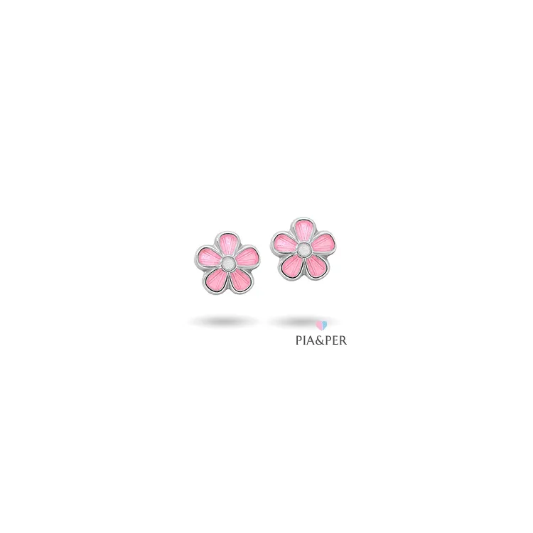 Pia og Per blomst øredobber i sølv rosa emalje hvit emalje