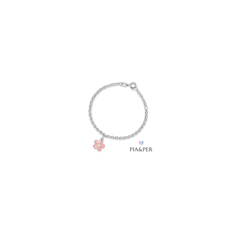 Pia og Per blomst armbånd i sølv rosa emalje hvit emalje