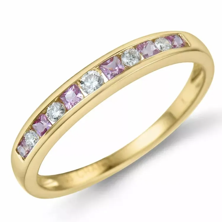kolleksjonsprøve rosa safir briljantring i 14 karat gull 0,109 ct 0,18 ct 0,06 ct