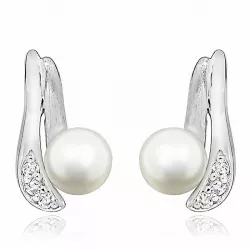 Smykker til kvinner: hvite perle ørestikker i sølv med rhodinering