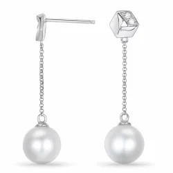 lange perle briljantøredobb i 14 karat hvitt gull med diamant 