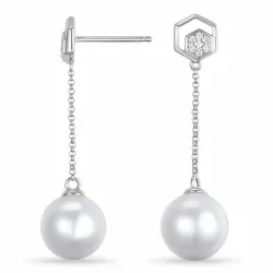 lange perle briljantøredobb i 14 karat hvitt gull med diamant 