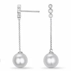 lange perle briljantøredobb i 14 karat hvitt gull med diamant 