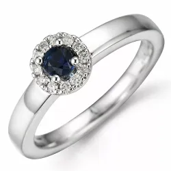 rund safir diamantring i 14 karat hvitt gull 0,23 ct 0,10 ct