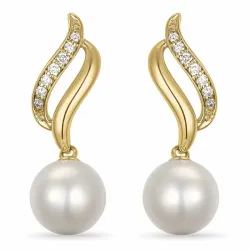 lange perle briljantøredobb i 14 karat gull med diamant